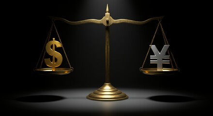 Dollar Versus Yen Currency Balance Concept with Scale Comparison