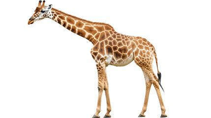 Fototapeta premium Standing giraffe, long neck and spotted wildlife, giraffe height standing giant, giraffe majesty high neck wildlife, long neck king giraffe, on a transparent backgrounds