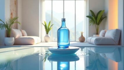 Serene Minimalist Interior Design Featuring a Glass Bottle on a Floating Platform Reflecting in a Still Water Surface