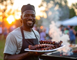 Smiling african male chef with grilled ribs at outdoor barbecue event