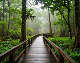 Serene boardwalk through lush green forest with misty atmosphere