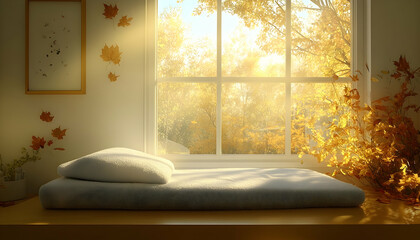 Cozy window seat overlooking a sun-drenched autumn scene. Pillows invite relaxation, leaves drift in the golden light