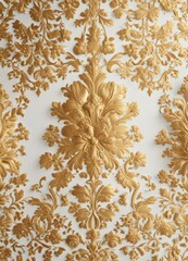 Intricate gold floral damask textile design, white background, ornate, background