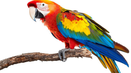 Fototapeta premium Colorful parrot perched branch with vibrant feathers and expressive eyes, showcasing tropical bird beauty and exotic wildlife