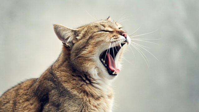 A beautiful tabby cat caught mid-yawn, showcasing its wide-open mouth, sharp teeth, and curled tongue, with eyes closed in a moment of pure feline relaxation against a soft, blurred background