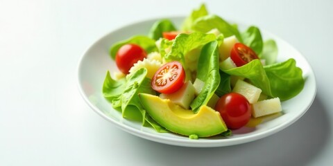 A Refreshing Salad with Avocado, Cherry Tomatoes, and Cheese Cubes on a White Plate