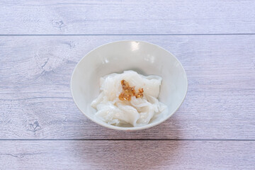 Noodles are made from rice flour, wheat flour, and eggs. They are white and yellow.