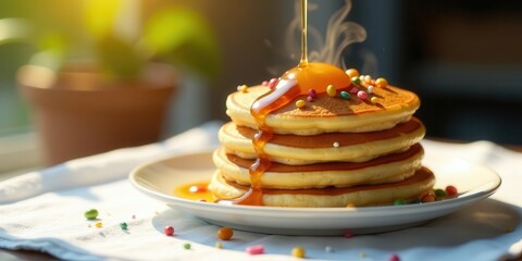 Golden Syrup Drizzled Over a Stack of Fluffy Pancakes Decorated with Colorful Sprinkles on a Sunny Morning
