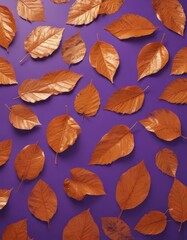 Obraz premium Dried orange metallic leaves, violet backdrop Geometric leaf pattern, autumnal vibe , surface, element