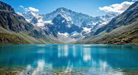 Fototapeta premium Stunning Alpine Lake Landscape with Snow Covered Peaks