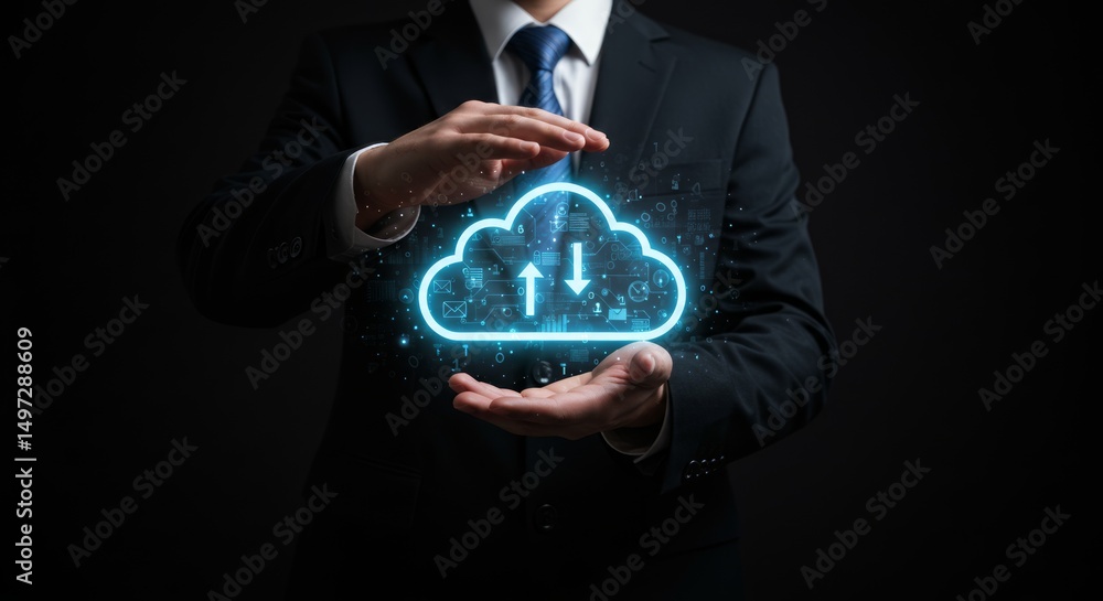 Aufkleber a businessman protects a glowing digital cloud icon symbolizing data security and cloud computing
