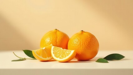 Two whole oranges and two orange slices on a white surface with green leaves against a light yellow background