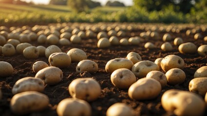 Obraz premium A low-angle view of freshly harvested potatoes sitting on the rich brown earth in a farm field.