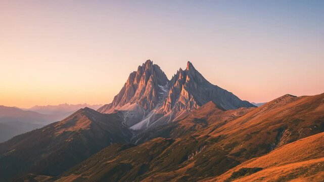 Majestic mountain peaks at sunset with rolling hills in view  