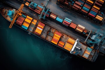 Obraz premium Aerial view of a container ship loading cargo at a busy commercial port at dusk, showcasing global trade and logistics