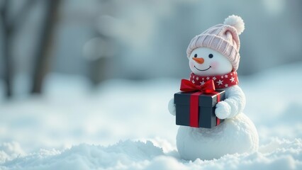 A charming winter scene featuring a festive snowman holding a wrapped present, perfectly symbolizing the joy and spirit of the holiday season.