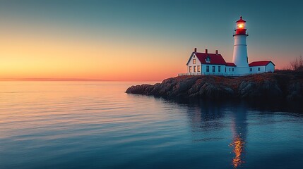 Fototapeta premium Tranquil coastal view featuring an iconic lighthouse at sunset over ocean water