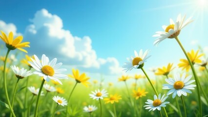 Sunlit Meadow of Daisies and Yellow Flowers Under a Bright Blue Sky with Puffy Clouds