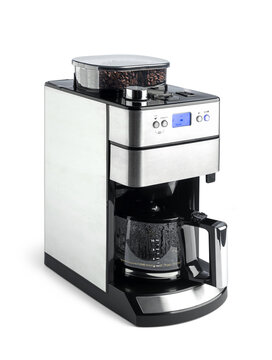 Drip coffee maker with integrated grinder and glass carafe. Digital screen, modern black and steel design, on transparent background png.