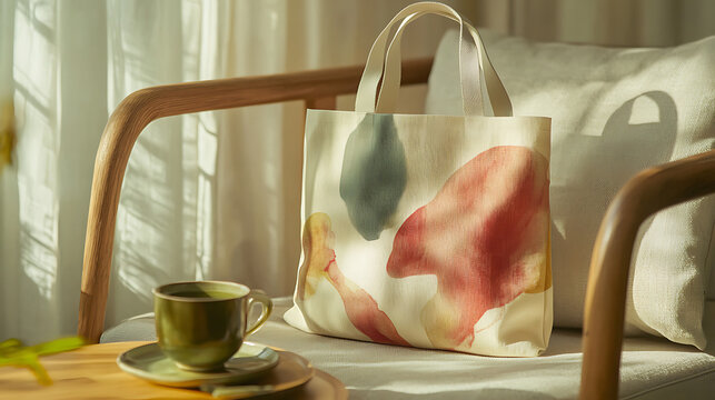 A natural canvas tote bag with abstract ecoprint designs in earthy tones sits on a rustic wooden chair in an artistic, cozy setting.