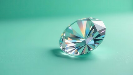 A brilliant, multifaceted gemstone rests on a smooth, aqua surface, its facets capturing and reflecting light, showcasing its exquisite clarity and intricate design.