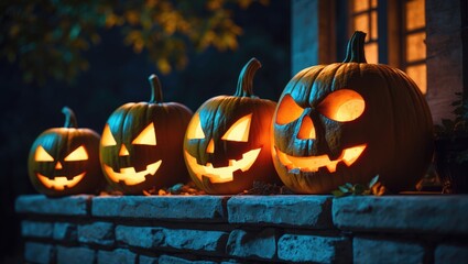Fototapeta premium Three delighted, eerie jack o'lanterns geared up for Halloween