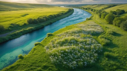 Remarkable natural texture showcased in this overhead shot of a flourishing meadow and a meandering river.