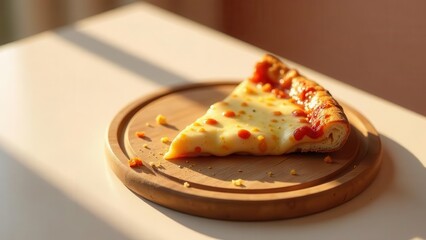 A Single Slice of Delicious Cheese Pizza on a Wooden Board, Bathed in Golden Sunlight