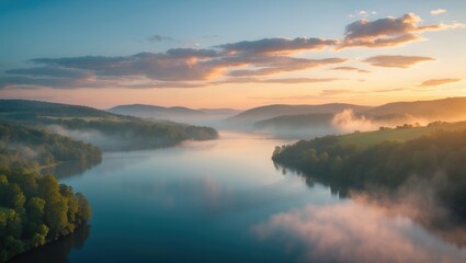 Fototapeta premium Overhead perspective of the lake in stunning twilight illumination outside. Idea of trekking.