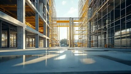 Construction site showcasing a modern building framework with scaffolding under a clear blue sky