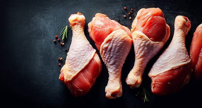 Raw chicken drumsticks with copy space, top view. The concept of cooking and eating meat products