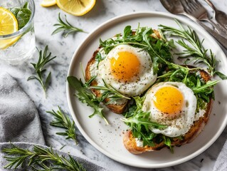 Open-faced egg sandwiches with greens on toast, served with lemon water and rosemary on marble.
