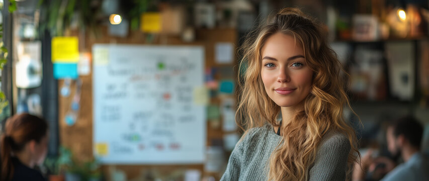 a woman presenting her business idea on a whiteboard in a small workshop, surrounded by local entrepreneurs taking notes, bright indoor lighting with room on the right for promotional text