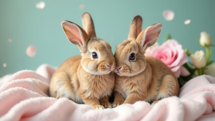 Two adorable bunnies snuggling together on a soft pink blanket, surrounded by delicate pink roses and pastel petals, creating a heartwarming and serene springtime scene.