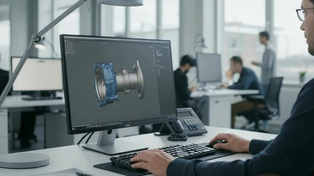 Engineer works on CAD software with 3D model on screen. Mechanical design and product development in modern office.