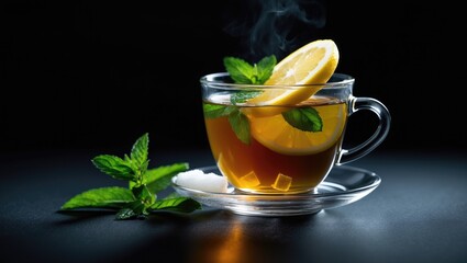 Glass container with green tea, lemon, mint, and sugar