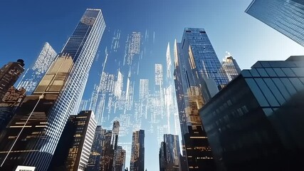 Futuristic cityscape with towering skyscrapers reflecting sunlight and digital data overlays in the sky - Powered by Adobe