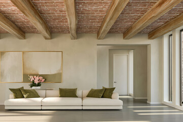 Modern living room interior design with exposed brick ceiling and neutral colors