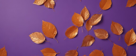 Dried orange metallic leaves, violet backdrop  Geometric autumnal design , decor, graphic, wallpaper