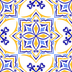 Mediterranean seamless pattern of blue yellow tiles, white background. Ethnic mosaic design. Portuguese, Italian, Spanish motifs. Floral ornament for home textile or ceramic. Vector illustration