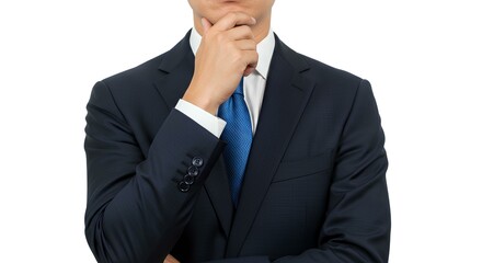 A man in a suit poses thoughtfully with one hand touching his chin.