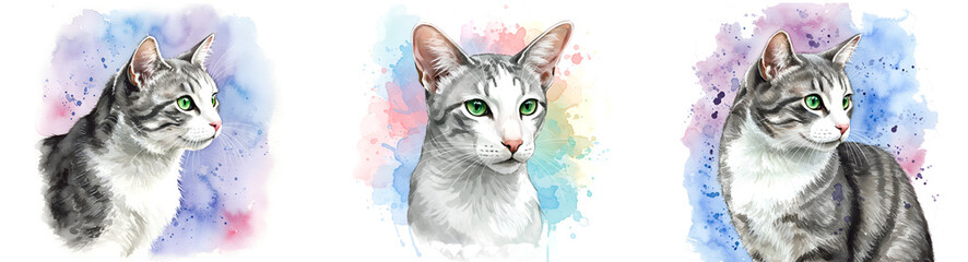 Three watercolor paintings of tabby cats with colorful artistic splash behind them on a plain canvas on transparent background