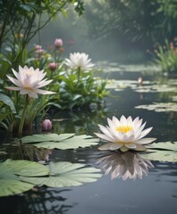 Delicate watercolor water lilies, serene garden scene ,  blossom,  pastel,  white background