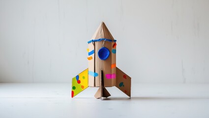 White background featuring a cardboard rocket. Children's artistic endeavor. DIY theme.