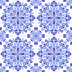 Mediterranean seamless pattern with blue tiles, white background. Abstract mosaic design. Portuguese, Italian, Spanish motifs. Floral ornament, print for home textile or ceramic. Vector illustration