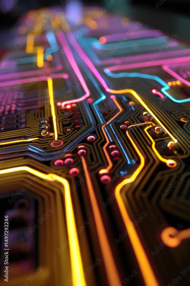 Poster electronic circuit board showing colorful glowing connections and data flow