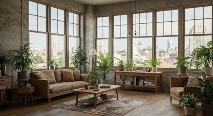 Bright living room with plants and city view through large windows