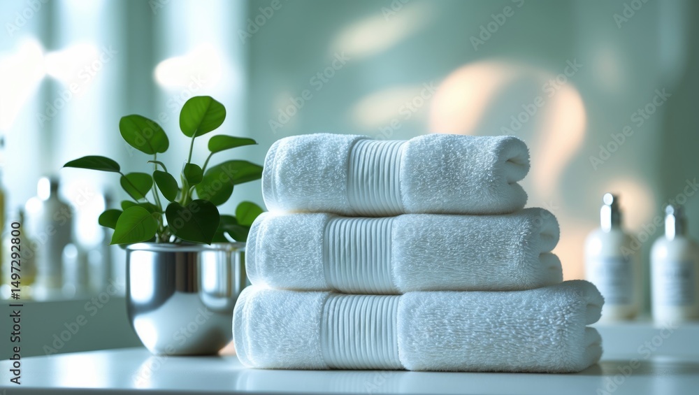 Poster white table adorned with towels and a blurred backdrop for copy space.