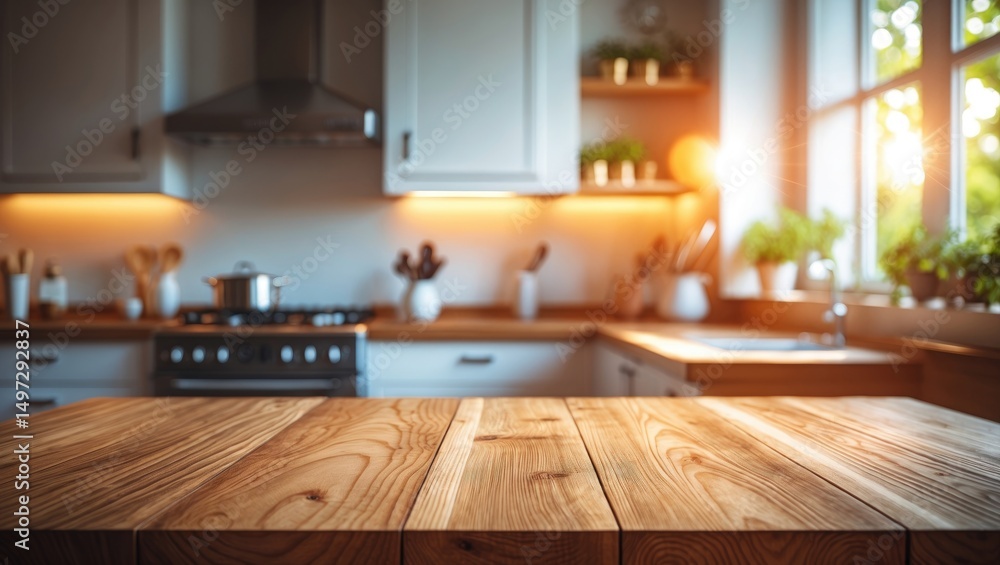 Poster blurred background of bokeh sunlight behind an empty wooden table in a bright interior.