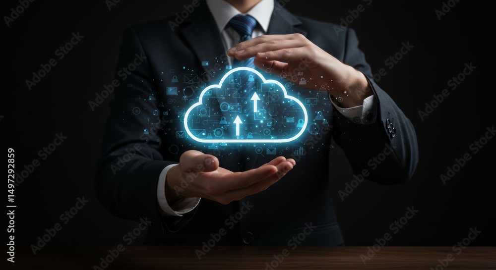 Poster businessperson protects a glowing cloud data symbol, symbolizing data security and cloud computing